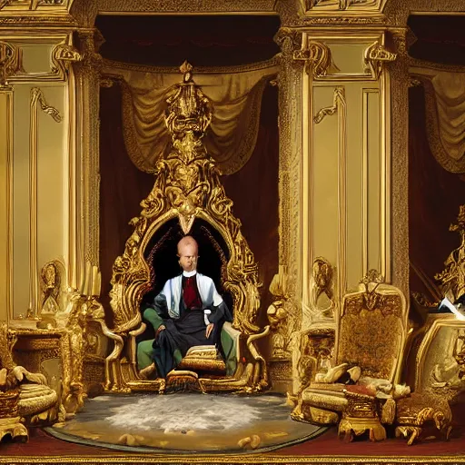 Image similar to 8k highly detailed oil matte painting by Charles Landelle of A French Bulldog King, decadent throne room, the other animals prostrate themselves before the throne