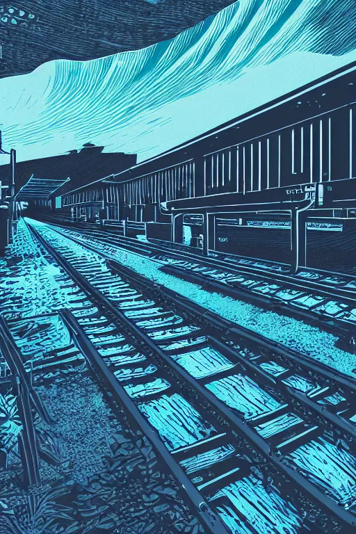 Image similar to a beautiful linocut print on paper of waterlo station platforms, 8 k, frostbite 3 engine, cryengine, dof, trending on artstation, digital art, crepuscular ray, by gail brodholt