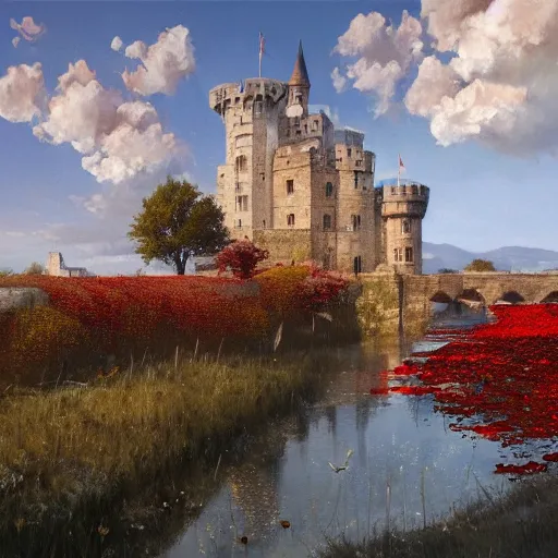 Prompt: A beautiful painting of a medieval castle made out of white and red marble, blue skies, flower petals in the air, autumn, by Greg Rutkowski, trending on artstation