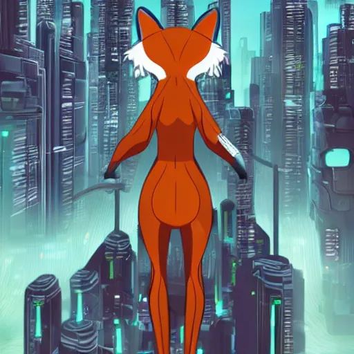 Prompt: an anthropomorphic fox, holding her paws together behind her back staring over a futuristic city from the top of a roof, highly coherent, trending on furaffinity, cyberpunk