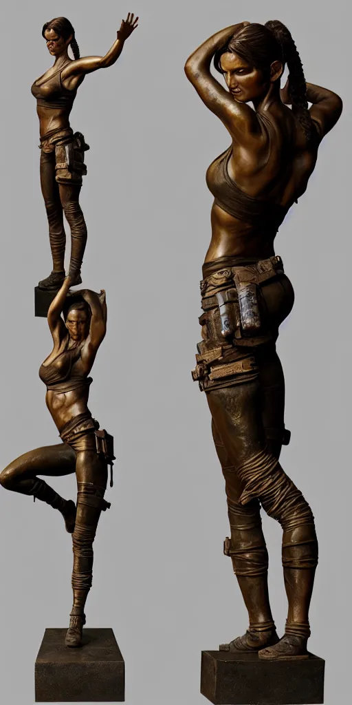 Image similar to detailed studio photo of old bronze patina statue lara croft, full body portrait, various bending poses, photorealism, intricate detail, museum diffuse lighting