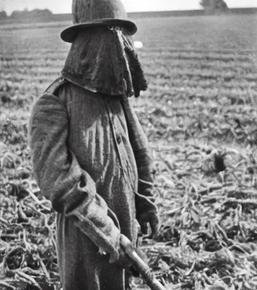 Image similar to a man at wearing a full head scarecrow mask in distance, ww1 film photo, grainy, high detail, high resolution