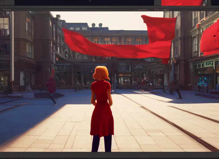 Image similar to inspiring beautiful girl a red propaganda flag walking through crowd in a beautiful futuristic city by Edward Hopper and Dan Mumford, Unreal Engine 5, Lumen, Nanite