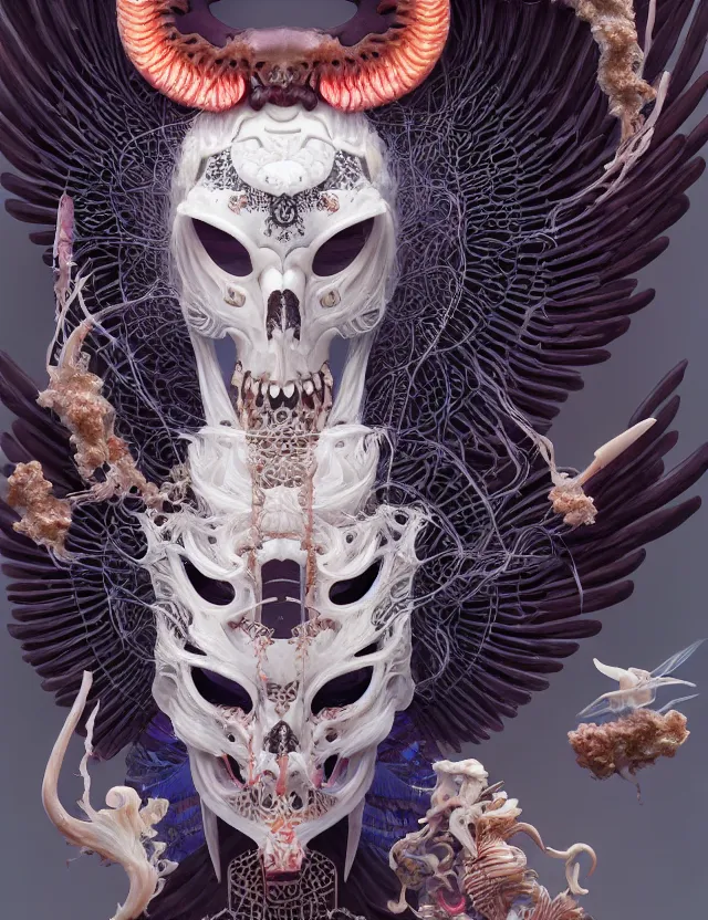 Image similar to 3 d goddess of death close - up profile portrait with ram skull. beautiful intricately detailed japanese crow kitsune mask and clasical japanese kimono. betta fish, jellyfish phoenix, bio luminescent, plasma, ice, water, wind, creature, artwork by tooth wu and wlop and beeple and greg rutkowski