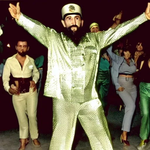 Image similar to A still of Fidel Castro wearing a disco suit in Saturday Night Fever