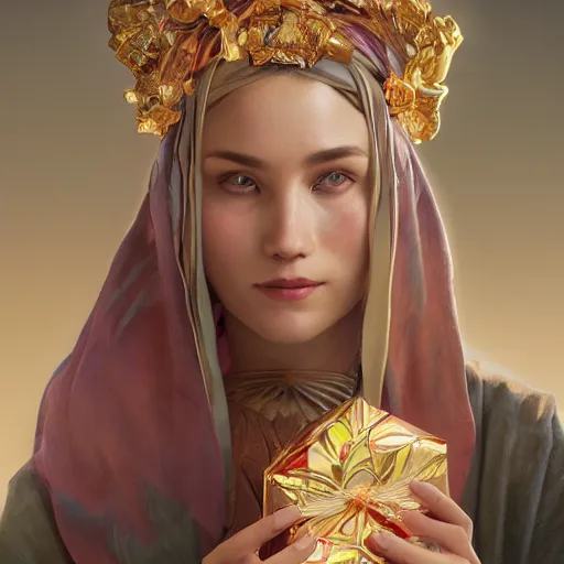 Prompt: a fortune teller holding a wrapped birthday gift with a confused look on their face, art by artgerm and greg rutkowski and alphonse mucha, concept art, octane render, unreal engine 5, highly detailed, high quality, 8 k, soft lighting, realistic face, path traced