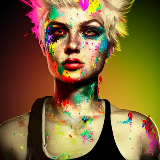 Prompt: portrait made out of exploding paint, punk rock women, short blond hair, octane render, highly detailed, realistic, beautiful, splashes of neon, comic book art