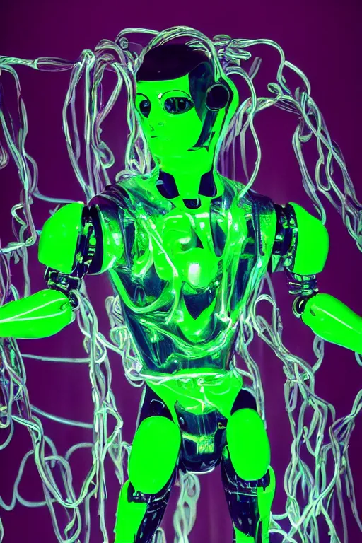 Image similar to full-body baroque and bladerunner style green neon and ceramic statue of a muscular attractive Spanish robot god humanoid wearing a see-through silk cloak sim roupa, posing like a falling model, suspended from the ceiling with thick neon cables, glowing mint face, crown of red steampunk lasers, emeralds, swirling silver silk fabric. futuristic elements. oozing glowing liquid, full-length view. space robots. human skulls. throne made of bones, intricate artwork by caravaggio. Trending on artstation, octane render, cinematic lighting from the right, hyper realism, octane render, 8k, depth of field, 3D