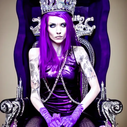 Image similar to A 4k photo of a skinny evil princess woman with purple hair wearing a diamond crown, sitting in a throne in a blackout room. Low light