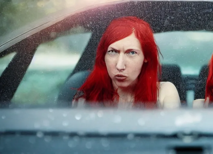 Image similar to A very high resolution image from a new movie, inside of a car, red hair woman, raining, hot, directed by wes anderson