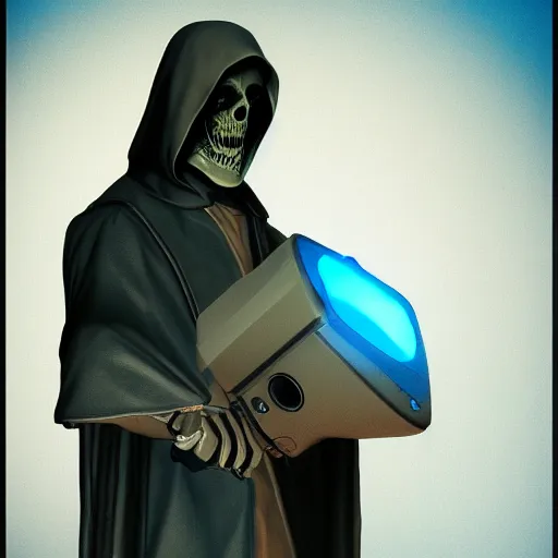 Image similar to a grim reaper with a crt television for a face. the television has a blue screen with white letters on it. by frank frazetta, simon bisley, brom, concept art, octane render, unreal engine 5, highly detailed, high quality, 8 k, soft lighting, realistic face, path traced