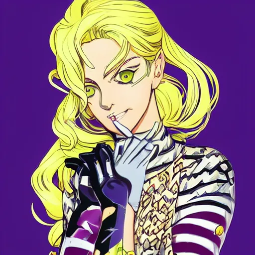 Image similar to blonde girl smiling, JoJo cover art, style of Vento Aureo cover art, style of Stone Ocean cover art, style of Steel Ball Run cover art, style of JoJolion cover art, illustrated by Hirohiko Araki