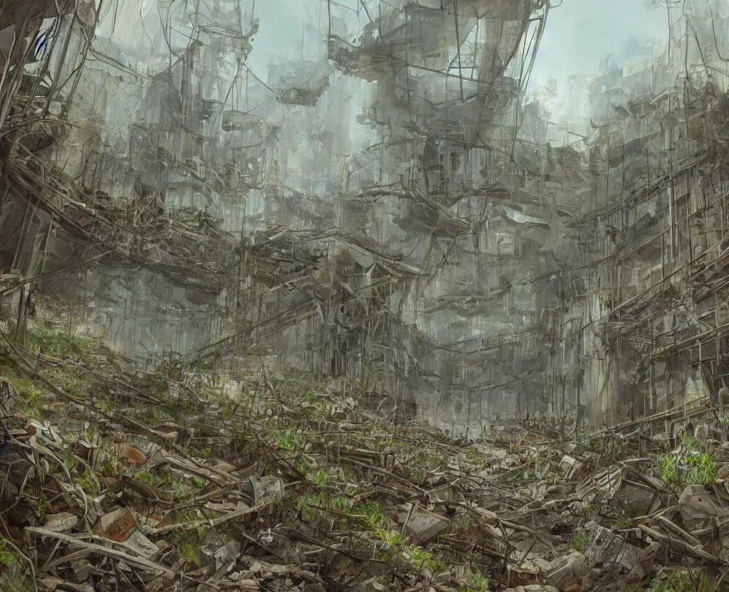 Image similar to a Dystopian post-apocalyptic painting of the abandoned tunnels of an overgrown arcology