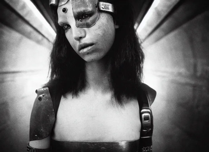 Image similar to close - up portrait of cyberpunk cyborg girl with face armour, in a futuristic subway, richard avedon, tri - x pan