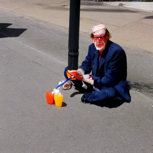 Image similar to hugh hopper on a street corner eating an orange and sipping pepsi