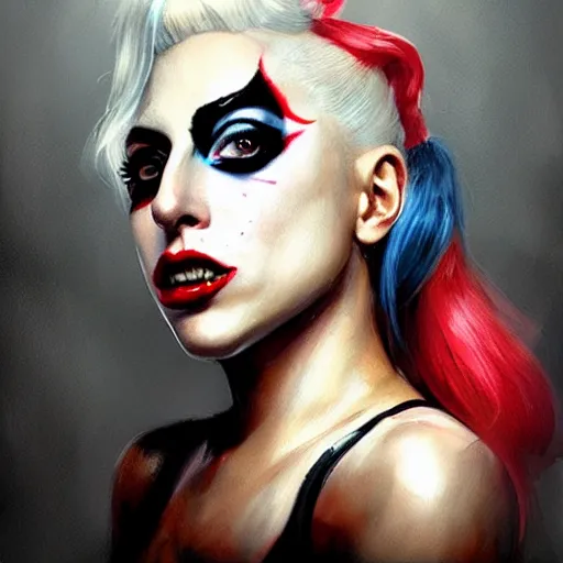 Image similar to lady gaga as harley quinn, portrait, painted by greg rutkowski