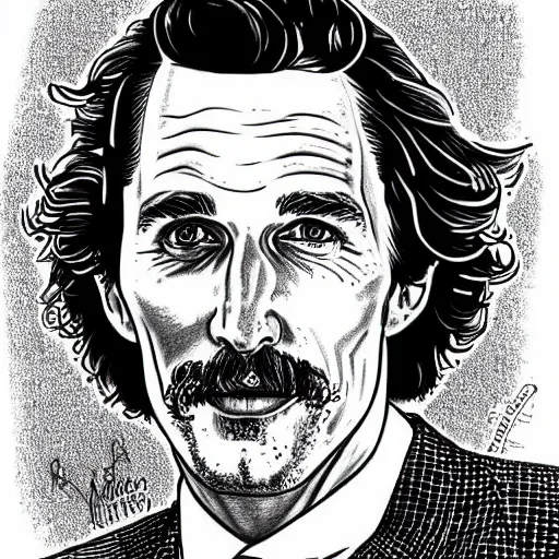 Image similar to a portrait drawing of Mathew McConaughey drawn by Robert Crumb