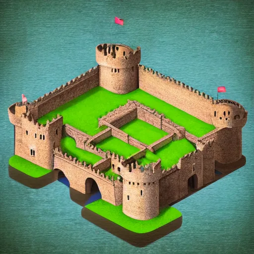 Image similar to an ancient castle in the middle of nowhere,historical,realistic,moat,isometric,sky view