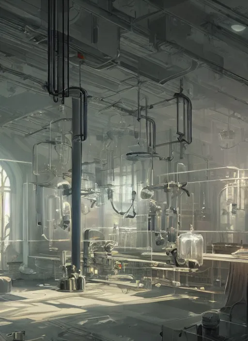 Prompt: a beautiful insanely detailed concept art of a laboratory, soft, ray tracing, ambient occlusion, octane render, by moebius, by greg rutkowski