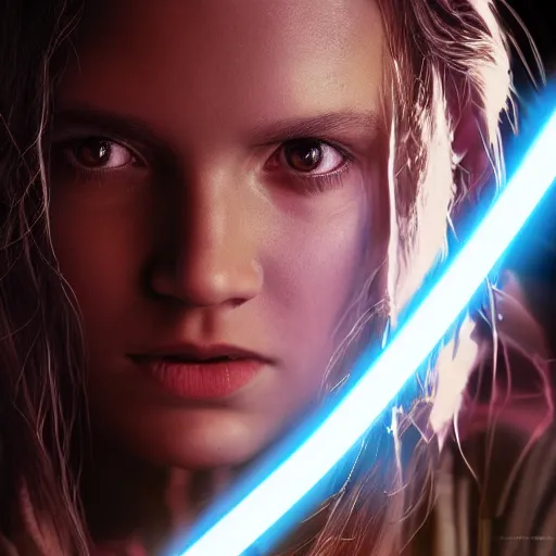 Image similar to cheyenne as a jedi in star wars, holding a lightsabre. splash art, cinematic lighting, dramatic, octane render, long lens, shallow depth of field, bokeh, anamorphic lens flare, 8k, hyper detailed, 35mm film grain