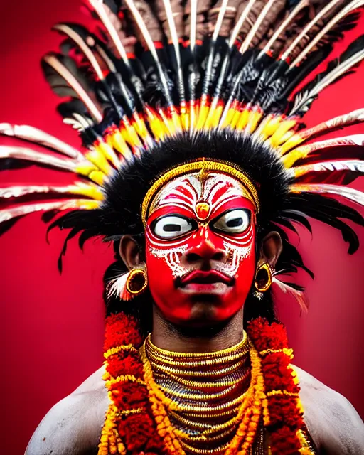 Image similar to photo of a Dramatic Theyyam male dancer with red indian headgear painted face wearing futuristic goggles space helmet and Roman soldier metallic armour with traditional theyyam costume in the style of stefan kostic, full body, feather native american headgear, realistic, sharp focus, symmetric, 8k high definition, insanely detailed, intricate, elegant, art by stanley lau and artgerm, Hajime Sorayama, William-Adolphe Bouguereau