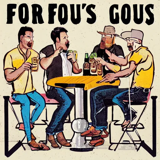 Image similar to album art cover of four guys barbecue and drinking beer