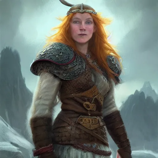 Image similar to an female viking with a helmet and ginger hair smilling, blizzard mountains backround, village, digital painting, artstation, concept art, soft light, hdri, smooth, sharp focus, illustration, fantasy, intricate, elegant, highly detailed, D&D, matte painting, in the style of Greg Rutkowski and Alphonse Mucha and artemisia, 8k,