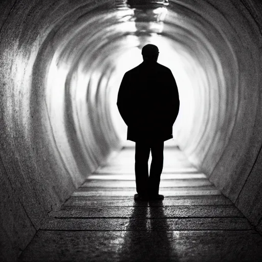 Prompt: a man stands crying at the end of a tunnel, watching as his girlfriend walks away from him forever, cinematography, 85mm f1.8, noir