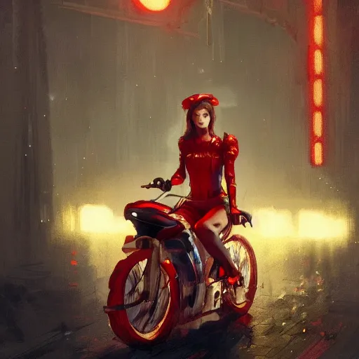 Prompt: a girl wearing a red fabric sitting on a bike, intricate, elegant, glowing lights, highly detailed, digital painting, artstation, concept art, sharp focus, illustration, art by wlop, mars ravelo and greg rutkowski