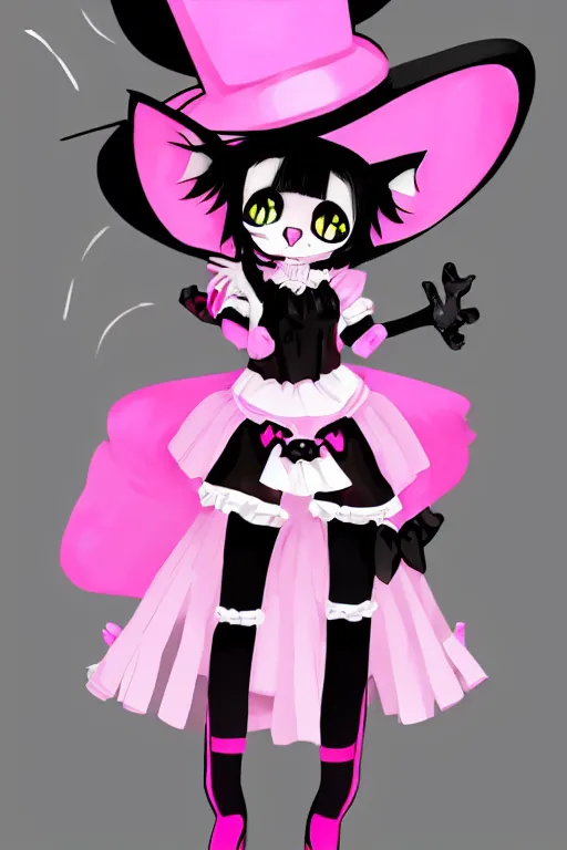 Image similar to Anime anthro cat with black fur, pink hair, and pink eyes in Gothic Lolita maid costume wearing small top hat in the style of Artstation