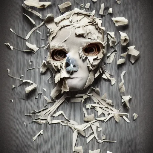 Prompt: face shredded like paper as skin peeling, dark, surreal, illustration, realistic horror