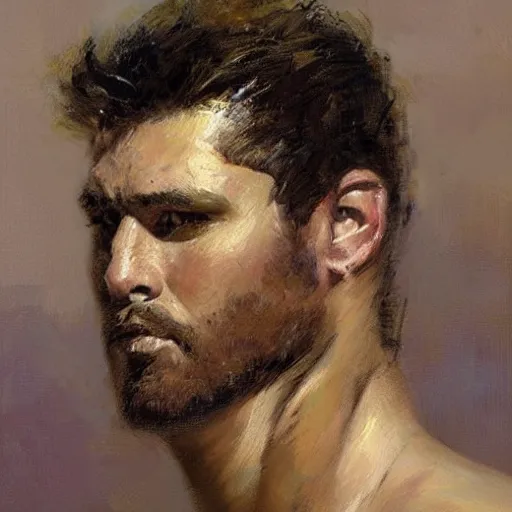 Image similar to a man with a faux hawk haircut, painting by Gaston Bussiere, Craig Mullins