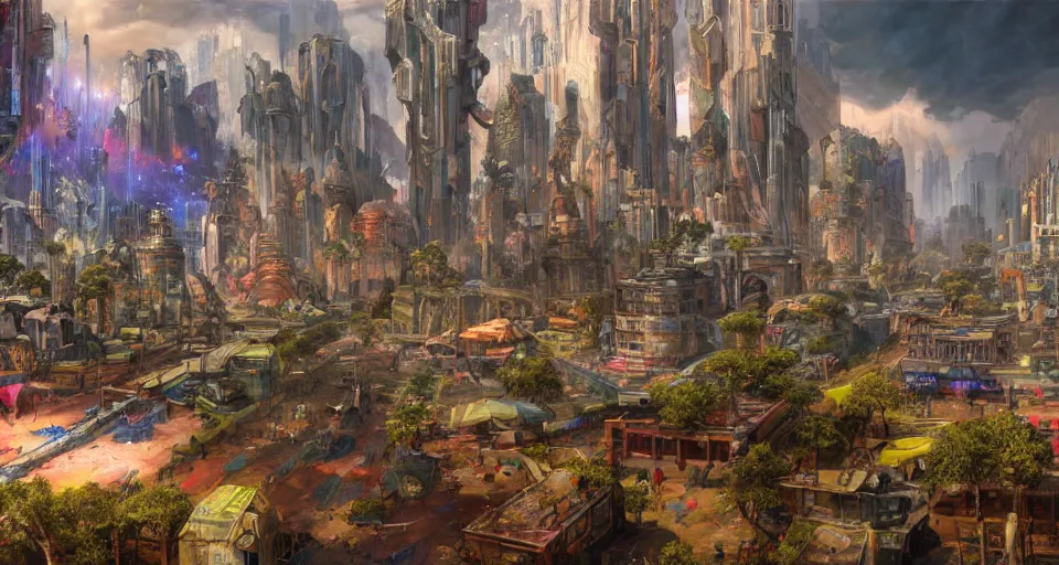 Image similar to A panoramic photo of gameplay from a videogame painted by James Gurney. Ground level streetlevel perspective. Within a crystalline fantasy city populated by strange citizens. Matte painting. Fantastic incredible intriguing mysterious engaging impressive masterpiece lighting. Colorful environment, rule of thirds, symmetrical balance, depth layering, polarizing filter, Sense of Depth, AI enhanced