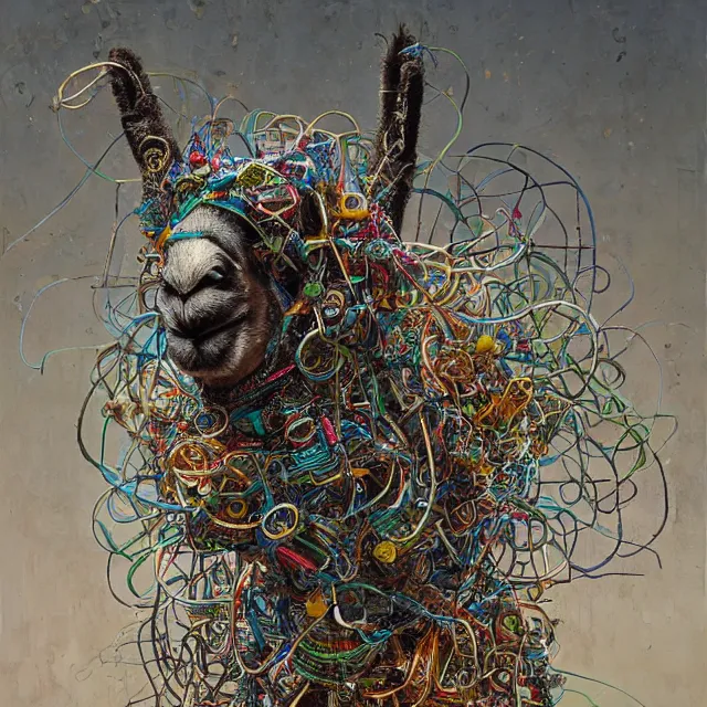 Image similar to llama with dreadlocks, industrial scifi, by mandy jurgens, ernst haeckel, el anatsui, james jean