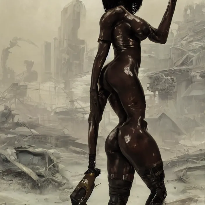 Prompt: african domme mistress, full body, powerful ebony skin, rubber and latex, postapocalyptic, smooth white surroundings, smooth, high tech, concept art, realistic painting, digital art by greg rutkowski, by junji ito