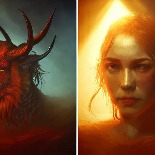 Prompt: Biblical deceiving devil portrait, atmospheric lighting, painted, intricate, volumetric lighting, beautiful, rich deep colours masterpiece, golden hour, sharp focus, ultra detailed, by Leesha Hannigan, Ross Tran, Thierry Doizon, Kai Carpenter, Ignacio Fernández Ríos