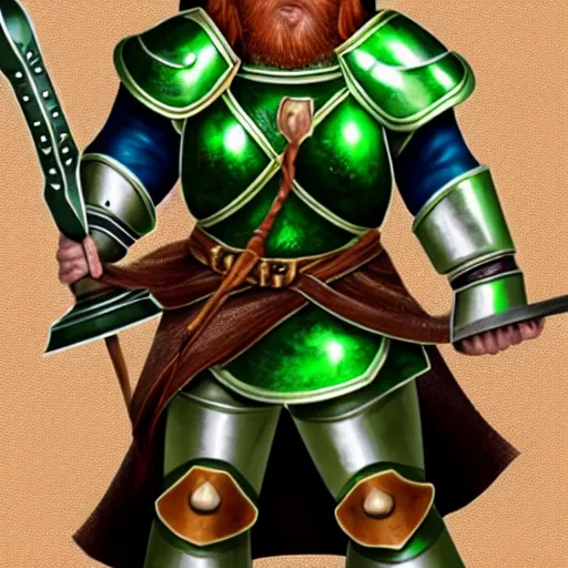 Image similar to dwarven woman, ginger hair, green eyes, holding hammer and shield with plate armour