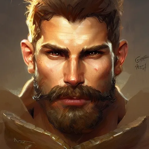 Image similar to portrait of rugged male ranger d & d muscular fantasy intricate elegant headshot portrait detailed face coherent face highly detailed digital painting artstation concept art smooth sharp focus illustration art by artgerm and greg rutkowski and alphonse mucha