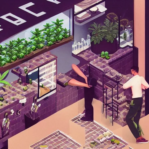 Image similar to cannabis hospitality industry, aussie baristas, isometric fun style pic, by ren hang and steve hanks, australian style video game still