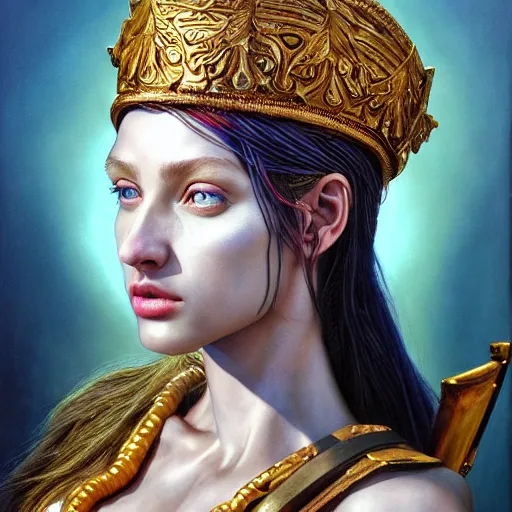 Image similar to hyperrealistic mixed media painting of beautiful goddess Athena, stunning 3d render inspired art by P. Craig Russell and Barry Windsor-Smith, perfect facial symmetry, dim volumetric lighting, 8k octane beautifully detailed render, post-processing, portrait, extremely hyper-detailed, intricate, epic composition, cinematic lighting, masterpiece, trending on artstation, very very detailed, masterpiece, stunning