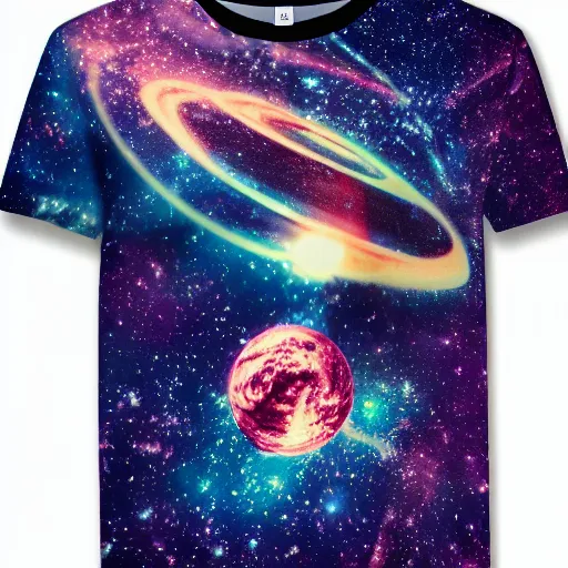 Image similar to photo of a t - shirt with a cool galactic print on the chest in the style of maximalism, product photo