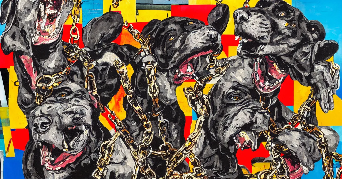 Prompt: mad dog on a chain, collage, acrylic on canvas, street style, expressionism movement, breathtaking detailed, by blake neubert