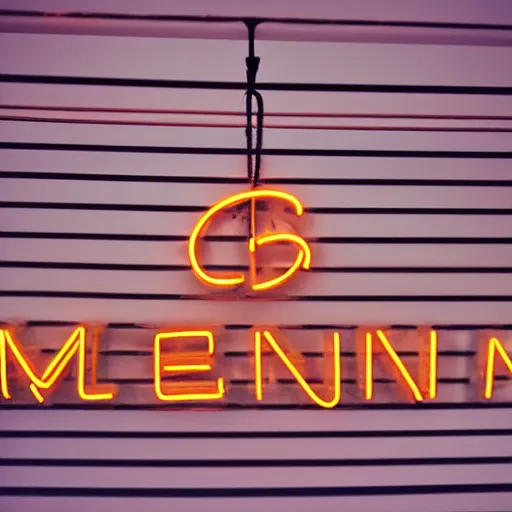 Prompt: Vintage neon sign that spells MEMEME, hung above the door, late summer evening, long exposure, 35mm f8