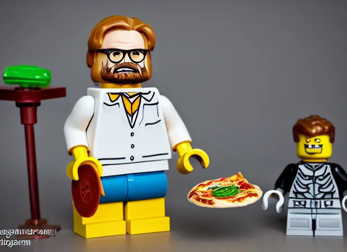 Image similar to product photo still of walter white throws pizza on the roof of house lego set, 8 k, 1 2 0 mm macro, f 1. 8, studio lighting, key light