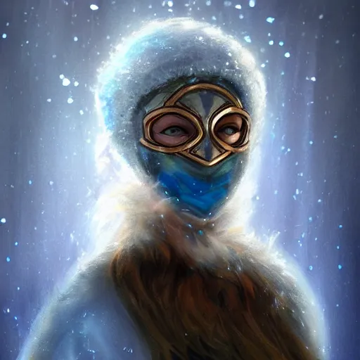 Image similar to art, bandit from ‘ icewind dale ’ with a frost blue gem mask lined with copper, ‘ icewind dale 2 ’ profile portrait by ‘ justin sweet ’, falling snow, soft focus, illustration, oil paint, trending artstation