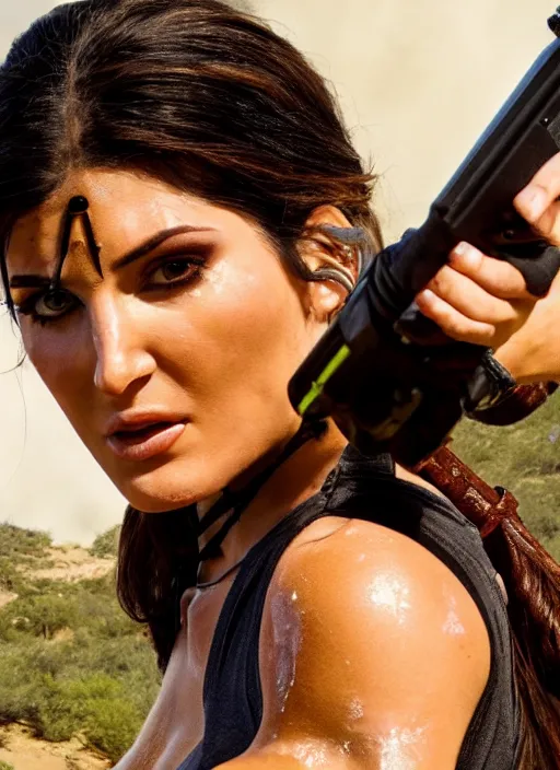 Image similar to a film still kyle jenner as lara croft as cowgirl, her face flushing and sweat, direct sun light, close up potrait, cinematic,