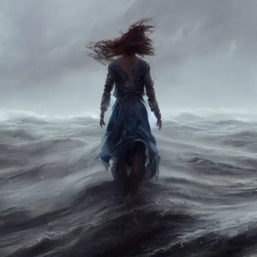 Image similar to concept art, facing the back of a woman standing alone in the middle of a sea storm, wearing a dress, thunderstom, lightning, rain, medieval, dark concept art, painting by wlop, nixeu and greg rutkowski, beautiful, semirealism, artstation, octane render, sharpness, 8 k, golden ratio