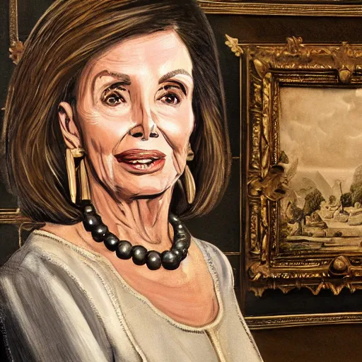 Image similar to painting of nancy pelosi standing in front of 1 6 th century backdrop. she looks like vigo the carpathian wearing armor. patina on armor. she ominously stares forward. hand on hip, arm resting on large stone. sepia toned. dramatic lighting. painting by lou police for ghostbusters 2.