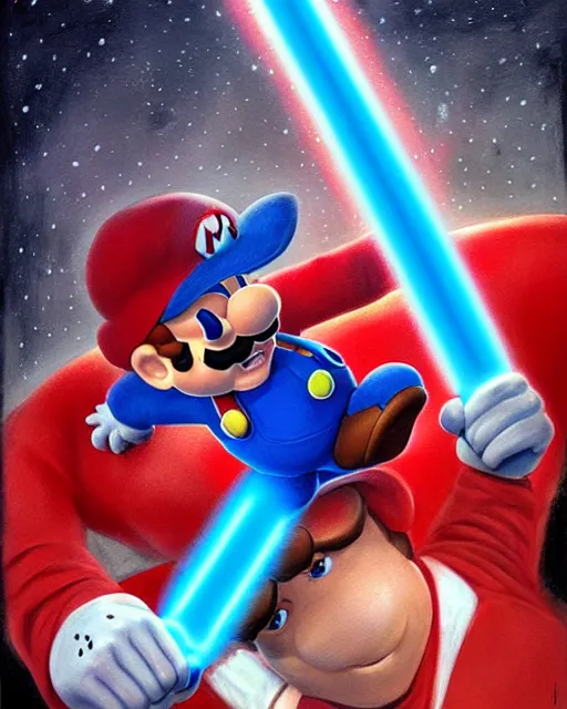 Image similar to portrait of super mario as a jedi, red cap, blue lightsaber, beautiful, very detailed, hyperrealistic, medium shot, very detailed painting by Glenn Fabry, by Joao Ruas