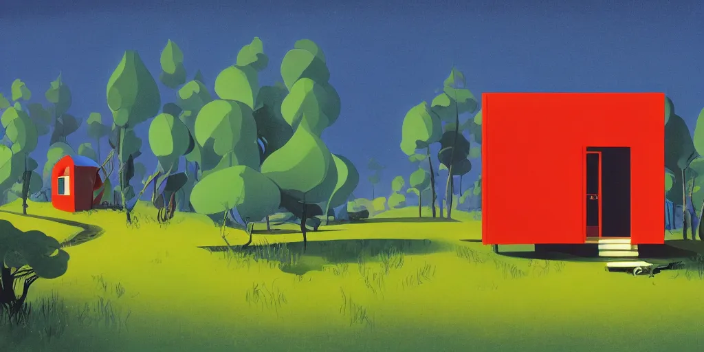 Image similar to tiny house in a small regenerative farm, gouache, animated film, stylised, illustration, by eyvind earle, scott wills, genndy tartakovski, syd mead